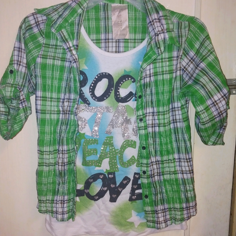 Girls' One piece plaid and Peace, Love, Rock Shirt.